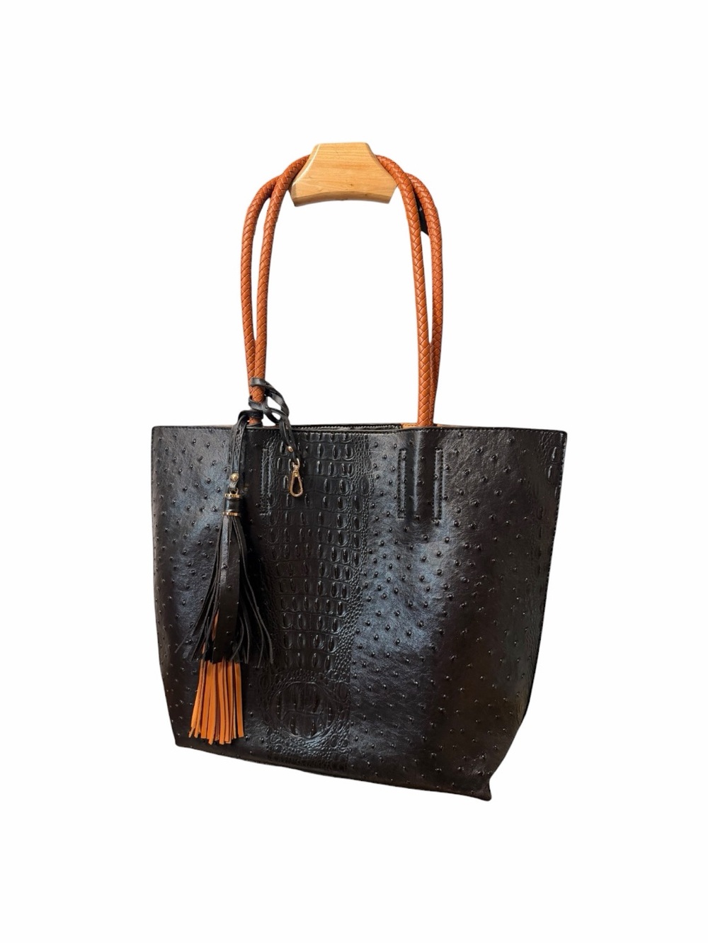 Unbranded Black Croc Ostrich Embossed Tote Bag Cognac Braided Handles Tassels